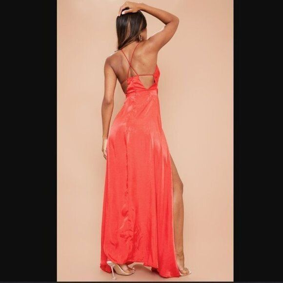 PrettyLittleThing Red Extreme Slit Strappy Back Maxi Dress - Picture 2 of 5